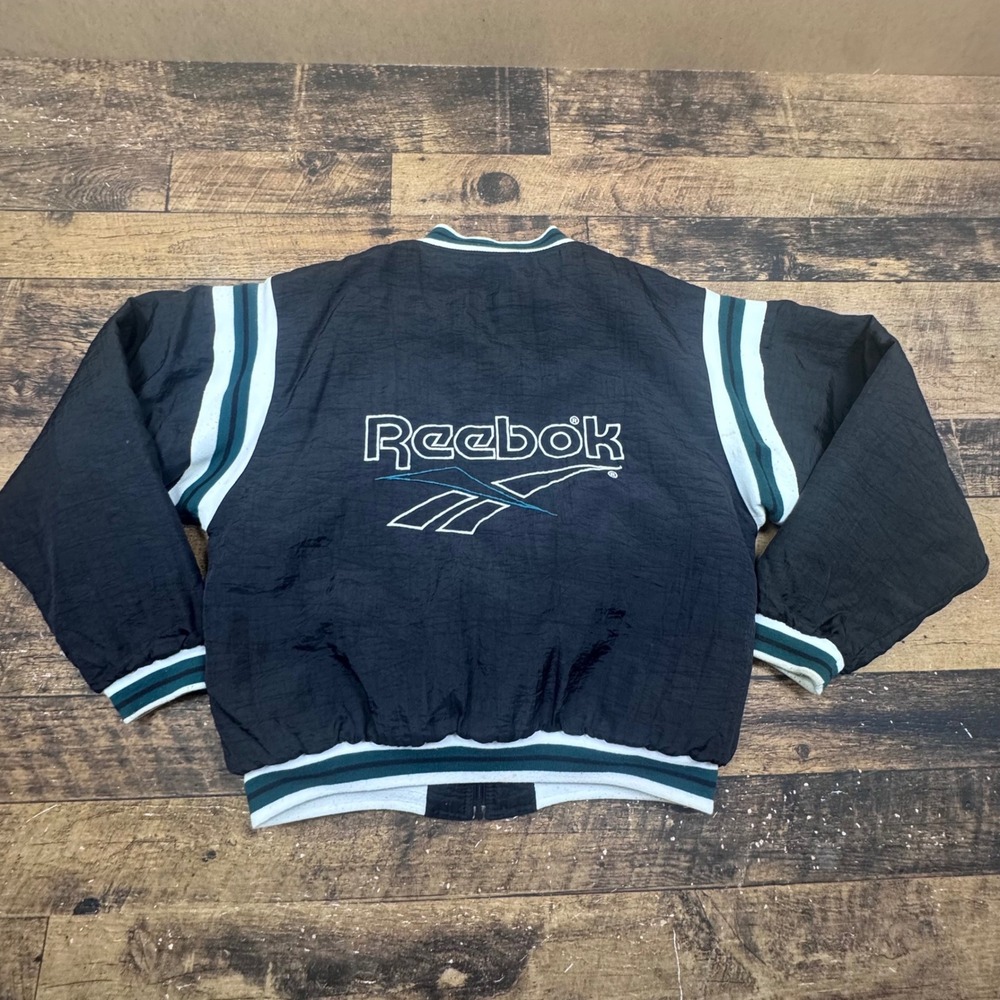 Reebok Mens Black Teal White Track Jacket Bomber Style Size Mediumโ